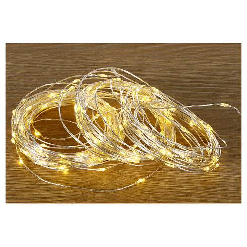 Battery Christmas lights, 100 warm white LED drops, pliable copper cable, 10 m, with remote 5