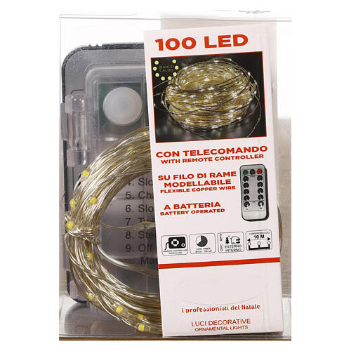 Battery Christmas lights, 100 warm white LED drops, pliable copper cable, 10 m, with remote 6