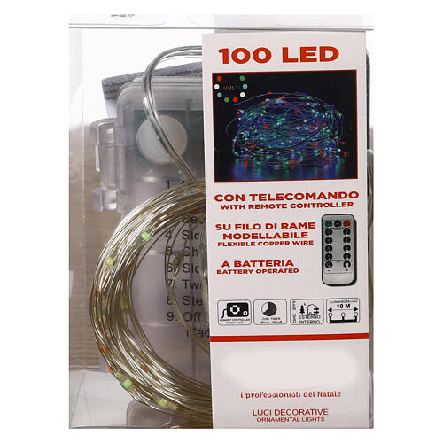 Battery Christmas lights, 100 mutlicoloured LED drops, pliable copper cable, 10 m, with remote 5