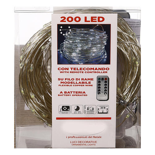 Battery Christmas lights, 200 cold white LED drops, pliable copper cable, 20 m, with remote 5