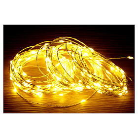 Battery Christmas lights, 200 warm white LED drops, pliable copper cable, 20 m, with remote