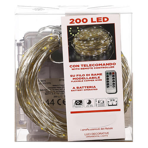 Battery Christmas lights, 200 warm white LED drops, pliable copper cable, 20 m, with remote 7