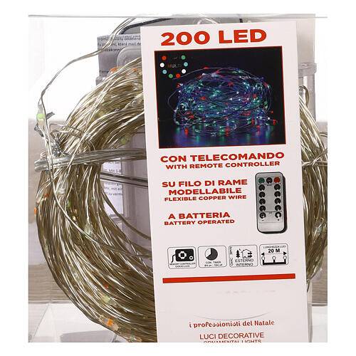 Battery Christmas lights, 200 multicoloured LED drops, pliable copper cable, 20 m, with remote 5