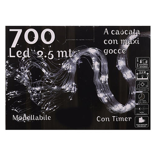Cascade of 700 maxi cold white LED drops, 2.5 m, clear cable, light modes and timer 5