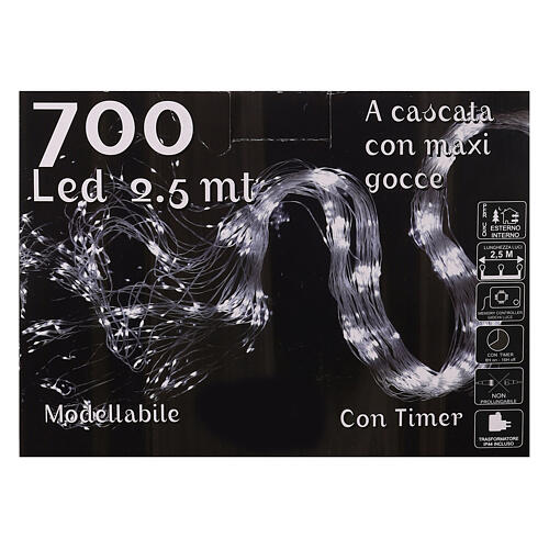 Cascade lumineuse 700 maxi gouttes LED blanc froid 2,5 m câble transparent jeux de lumières et minuteur 5