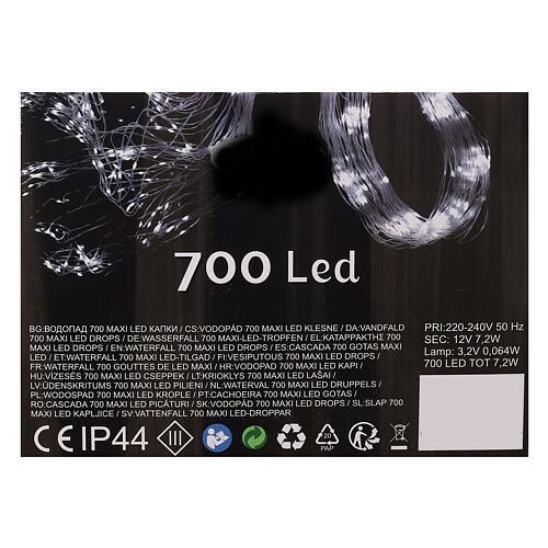 Cascade lumineuse 700 maxi gouttes LED blanc froid 2,5 m câble transparent jeux de lumières et minuteur 6