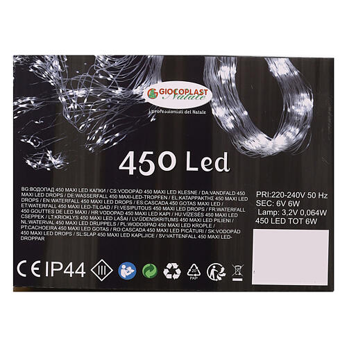 Cascade lumineuse 450 maxi gouttes LED blanc froid 2,5 m câble transparent jeux de lumières et minuteur 5