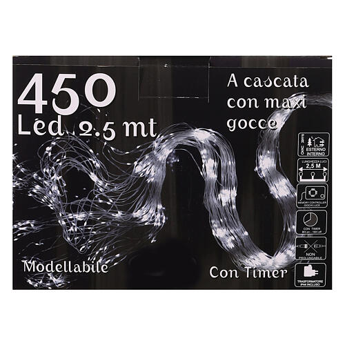 Cascade lumineuse 450 maxi gouttes LED blanc froid 2,5 m câble transparent jeux de lumières et minuteur 6