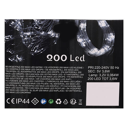 Cascade of 200 maxi cold white LED drops, 2 m, clear cable, light modes and timer 5
