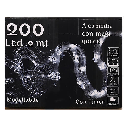 Cascade of 200 maxi cold white LED drops, 2 m, clear cable, light modes and timer 6