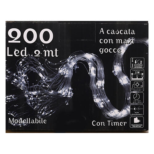 Cascada luminosa 200 maxi gotas blanco hielo juegos luz temporizador 2 m moldeable 6