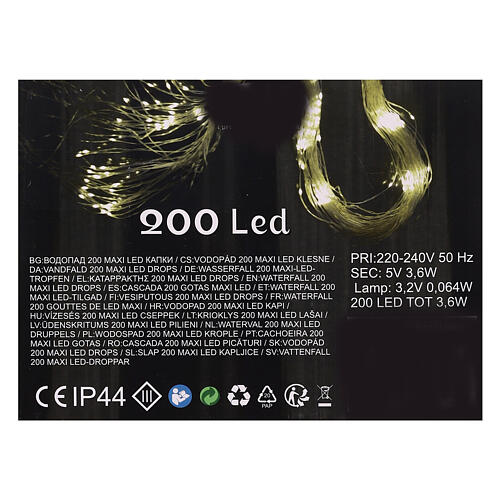 Cascade of 200 maxi warm white LED drops, 2 m, clear cable, light modes and timer 5
