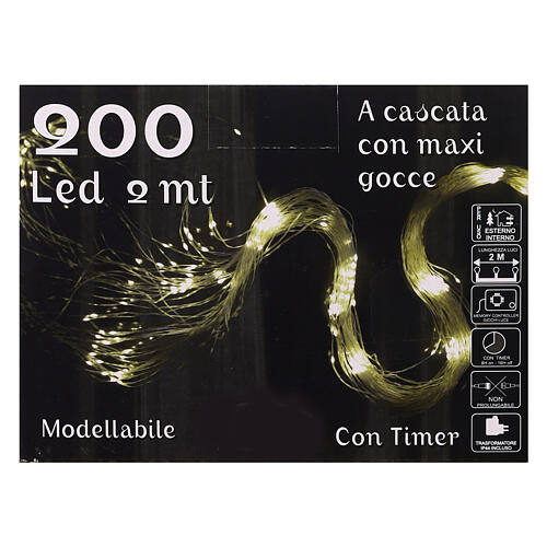 Cascade of 200 maxi warm white LED drops, 2 m, clear cable, light modes and timer 6