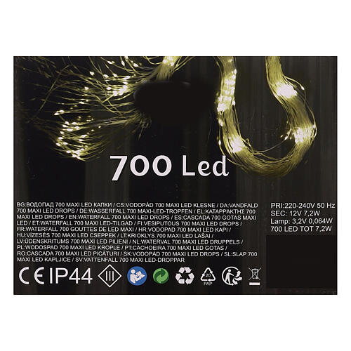 Cascade lumineuse 700 maxi gouttes LED blanc chaud 2,5 m câble transparent jeux de lumières et minuteur 5