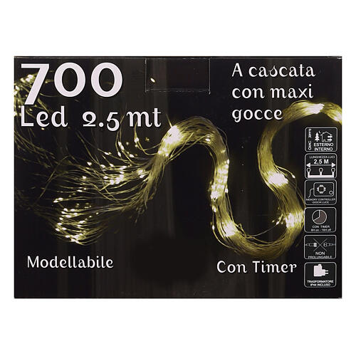 Cascade lumineuse 700 maxi gouttes LED blanc chaud 2,5 m câble transparent jeux de lumières et minuteur 6