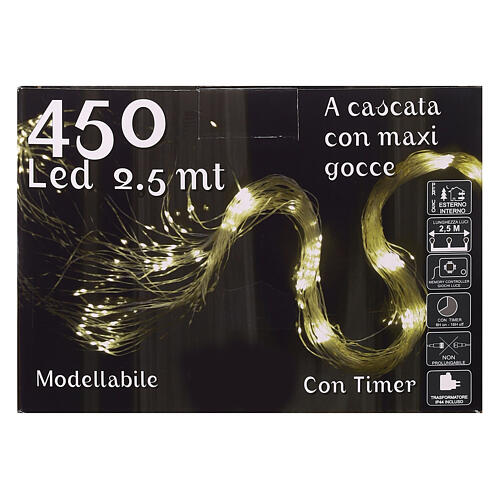Cascade of 450 maxi warm white LED drops, 2.5 m, clear cable, light modes and timer 7