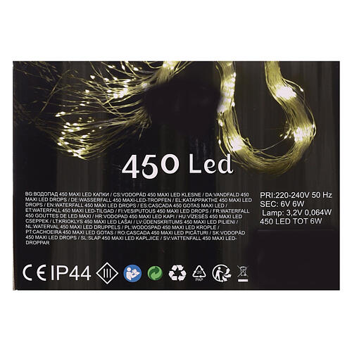 Cascade lumineuse 450 maxi gouttes LED blanc chaud 2,5 m câble transparent jeux de lumières et minuteur 8