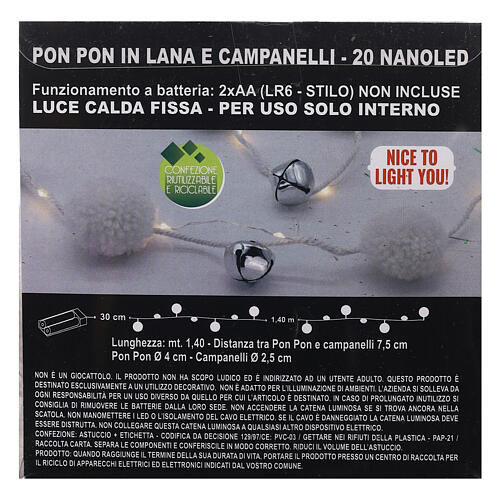 Guirlande lumineuse 140 cm pompons laine et clochettes 20 nano-LEDs blanc chaud 6