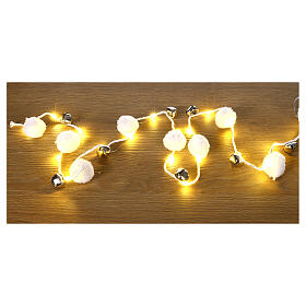 Luzes de Natal 140 cm pompons de lã e sinos 20 luzes nano LED branco quente