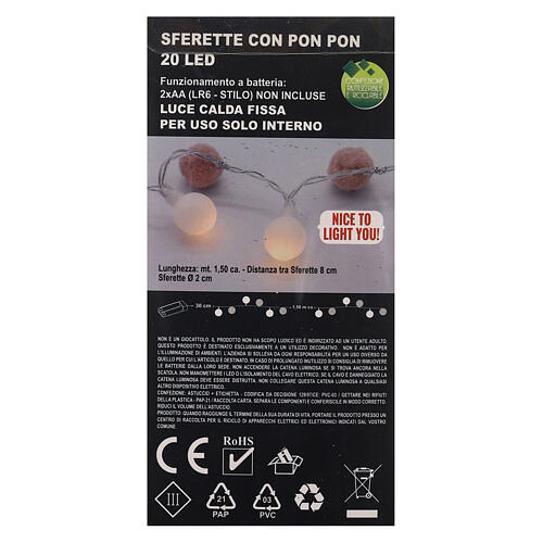 Łańcuch, 20 diod, led biały ciepły, pompony różowe, 150 cm 5