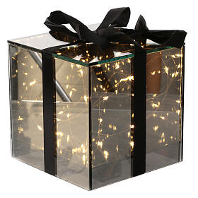 Boîte cadeau verre fumé avec LEDs blanc chaud 15x15x15 cm