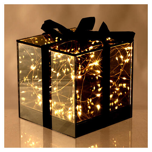 Boîte cadeau verre fumé avec LEDs blanc chaud 15x15x15 cm 2