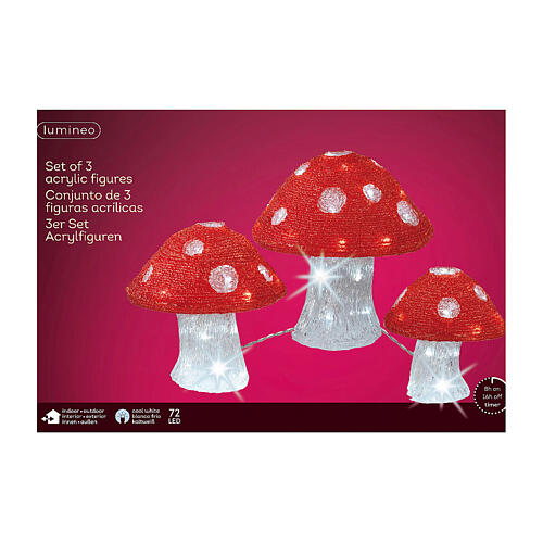 Set of 3 luminous mushrooms, 72 cold white LED lights, acrylic, IN/OUTDOOR 6