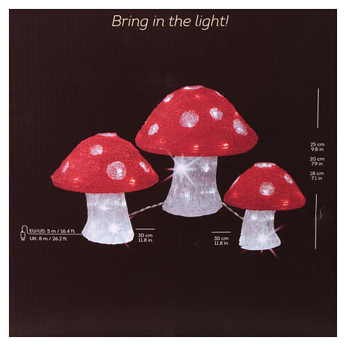 Set of 3 luminous mushrooms, 72 cold white LED lights, acrylic, IN/OUTDOOR 7