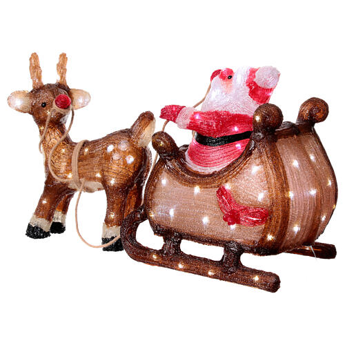 Babbo Natale sulla slitta con renna 90 LED luce fredda acrilico int est 50x85x35 cm 10