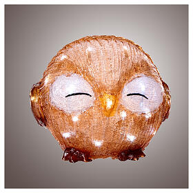 Battery operated acrylic owl with its eyes closed, 30 cold white LED lights, 8 in, IN/OUTDOOR