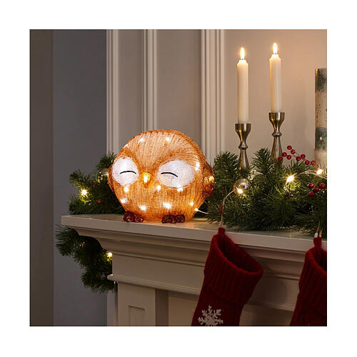 Battery operated acrylic owl with its eyes closed, 30 cold white LED lights, 8 in, IN/OUTDOOR 2