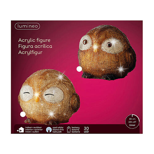 Hibou aux yeux fermés 30 LEDs blanc froid à piles acrylique int/ext 20 cm 6