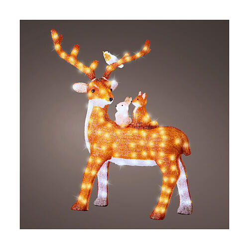 Luminous reindeer with small animals, 180 cold white LED lights with timer, acrylic, 40 in, IN/OUTDOOR 1