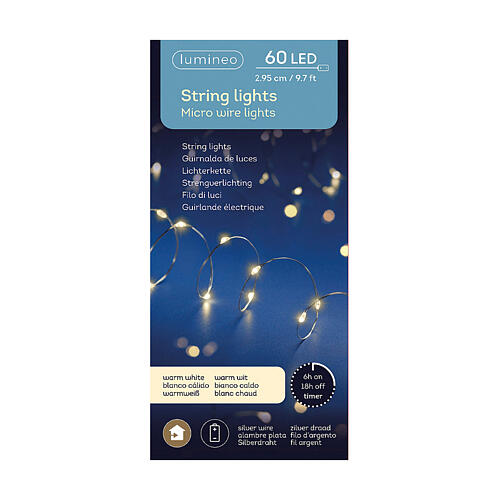 Christmas string fairy lights 60 micro LED silver bare wire 2.95 m warm white indoor 8