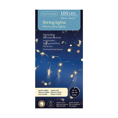 Christmas Lights 100 microLEDs warm white bare silver wire indoors 4.95m timer 8
