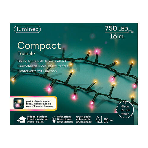 Compact twinkle lights with 750 warm white and pink LEDs of 16m, 8 light plays, for a 180-210 cm Christmas tree, in/outdoor 7