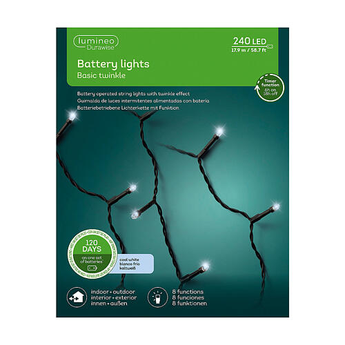 Luces navideñas basic twinkle 240 LED blanco frío 17,9 m pilas int ext 8 juegos de luz temporizador 5