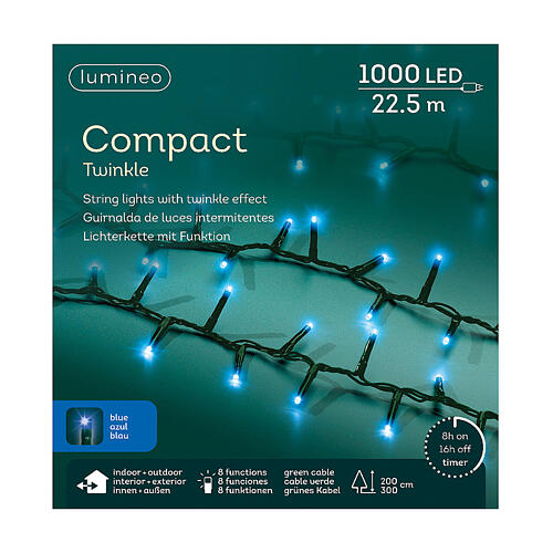 Catena 1000 LED blu compact twinkle 22,5 m alberi Natale 200-300cm int est 8 giochi di luce timer 3
