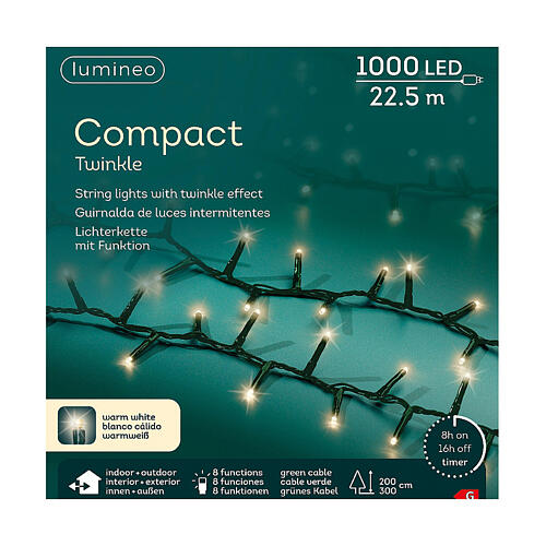 Compact twinkle lights with 1000 warm white LEDs of 22.5m, 8 light plays, for a 200-300 cm Christmas tree, in/outdoor 8