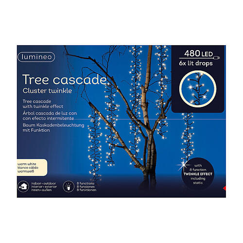 Cascada luces navideñas cluster twinkle 480 LED blanco cálido 8 juegos luz 6 cadenas luminosas 2 m int ext 7