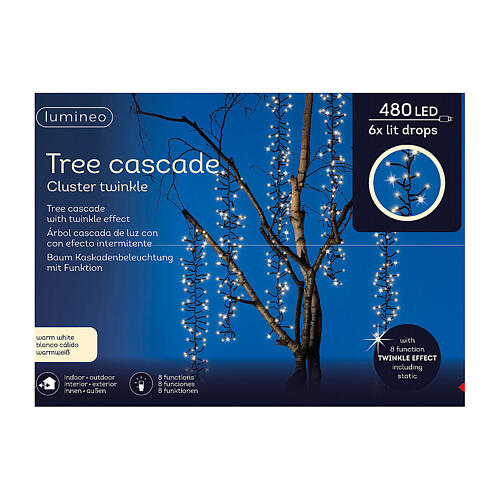 Cascade twinkle cluster Christmas lights 480 warm white LEDs 8 light effects 6 light chains 2m int ext 7