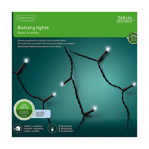 Basic twinkle Christmas lights of 27.5 m long, 368 cold white LED lights, battery operated, 8 light plays, IN/OUTDOOR 5