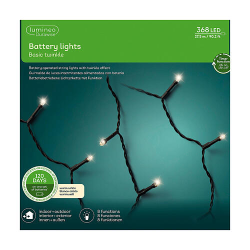 Basic twinkle Christmas lights of 27.5 m long, 368 warm white LED lights, battery operated, 8 light plays, IN/OUTDOOR 5