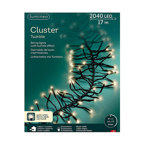 Cadena luminosa navideña 19 m cluster twinkle 2040 LED blanco cálido 8 modos temporizador int/ext 9
