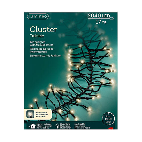 Corrente luminosa de Natal 19 m cluster twinkle 2040 LED branco quente 8 jogos de luzes temporizador int/ext 9