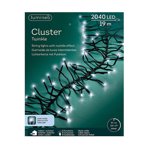 Cluster twinkle chain of 2040 cold white LED Christmas lights, 8 light plays, 19 m, in/outdoor 8