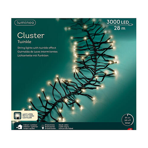 Cadena luminosa 28 m cluster blanco cálido int ext 3000 LED ocho juegos luz temporizador 7