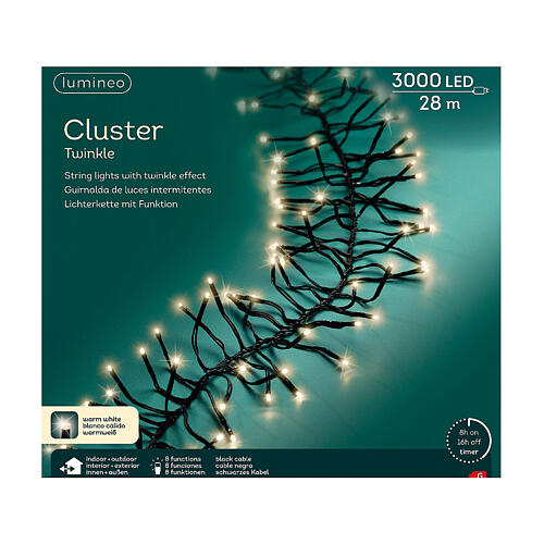 Corrente luminosa cluster 28 m branco quente int/ext 3000 luzes LED 8 jogos e temporizador 7