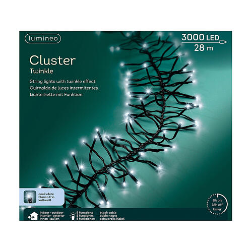 Cluster twinkle chain of 3000 cold white LED Christmas lights, 8 light plays, 27 m, in/outdoor 8