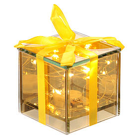 Pacco regalo luminoso Natale 8 led luce calda dorato vetro 7x7x7 cm uso int bomboniera